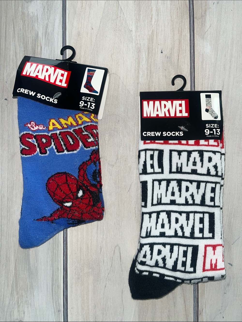 Marvel Men's Crew Socks - Blue Spider-Man & Black/White Logo Pair